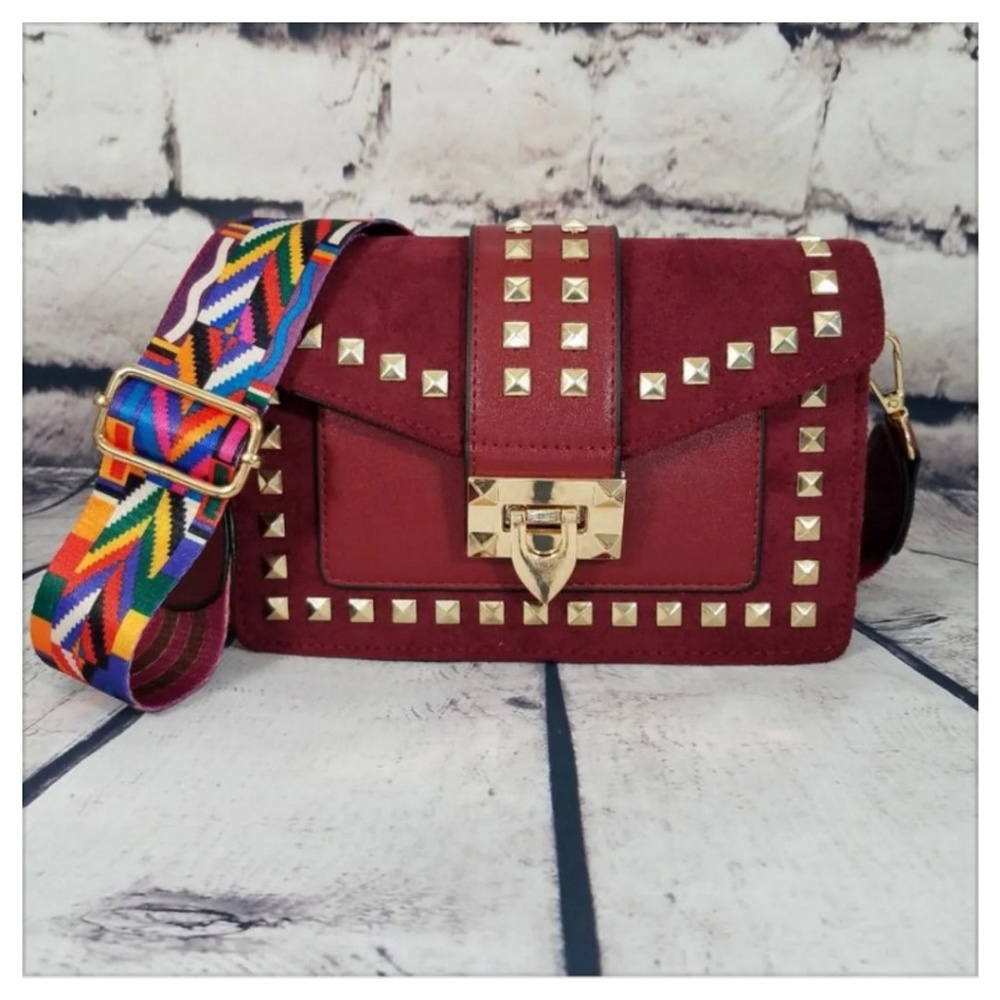 Burgundy Gold Vegan Suede Leather Crossbody Bag